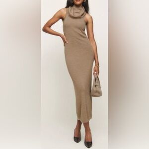 Reformation x Kacey Musgraves Simone Cowl Neck Dress in color Camel. Size Large.